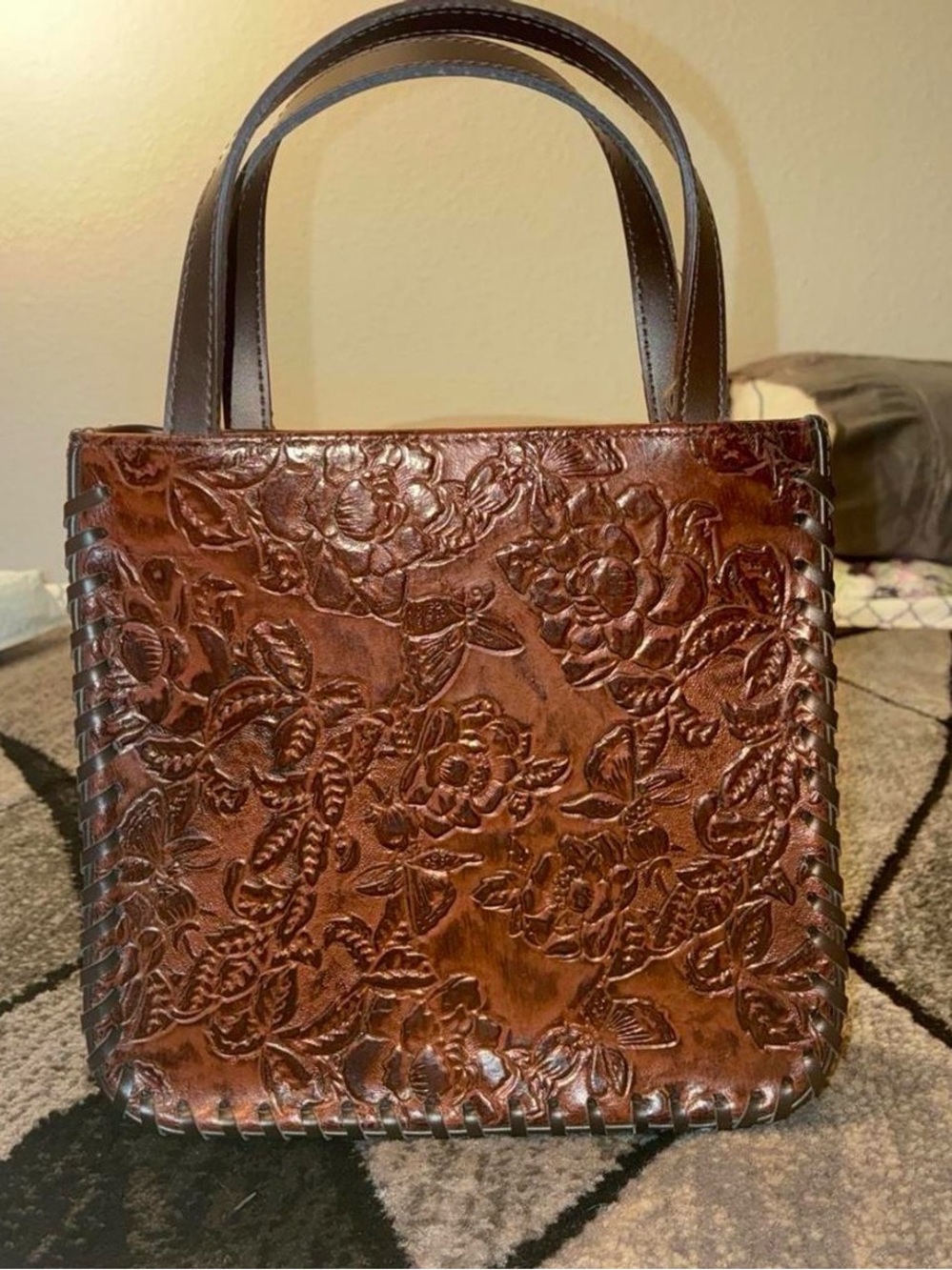 Embossed Floral Brown Leather Tote Bag - Classic Handled Women's Bag